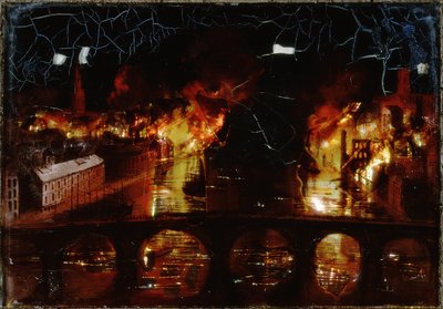 Den stora branden i Newcastle upon Tyne (pärlemor och olja på glas) av English School