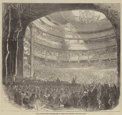 Stor protektionistisk demonstration i Drury-Lane Theatre (gravyr) av English School