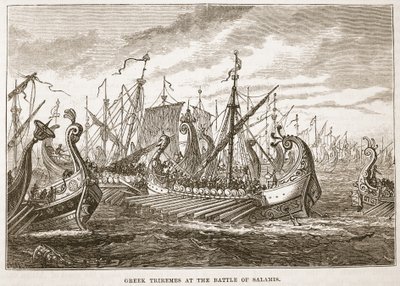 Grekiska Triremes i slaget vid Salamis av English School