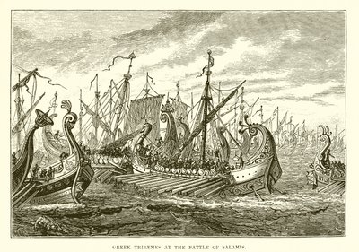 Grekiska Triremes vid slaget vid Salamis av English School