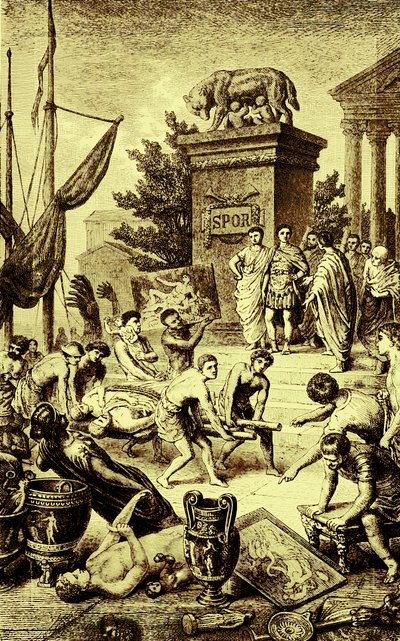 Grekisk kultur - statyer och konstverk fraktade till Rom, illustration från The Illustrated History of the World, publicerad ca 1880 (digitalt förbättrad bild) av English School