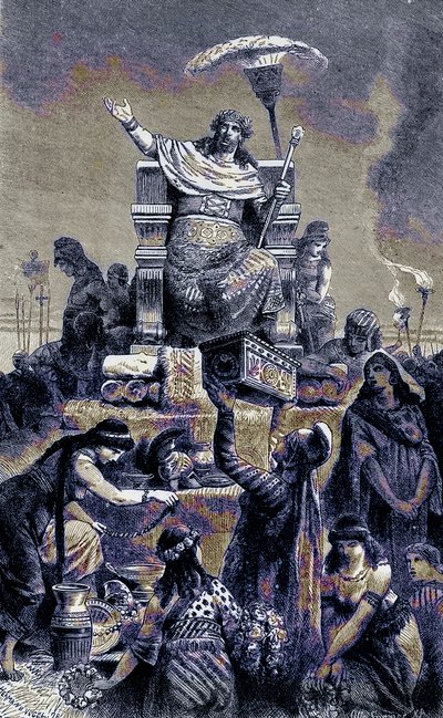 Grekisk degeneration - Croesus på begravningshögen, illustration från The Illustrated History of the World, publicerad ca 1880 (digitalt förbättrad bild) av English School