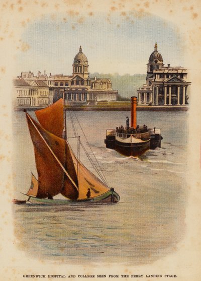 Greenwich Hospital and college sett från färjeläget (färglitografi) av English School