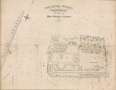 Markplan för Vauxhall Gardens, London av English School
