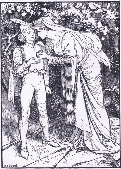Guenevere skickar sin sida till Lancelot för hjälp, illustration från "The Book of Romance" publicerad av Longmans Green och Co av English School