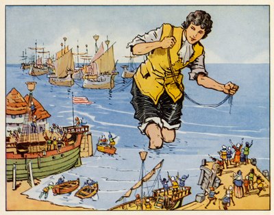 Gullivers resor: Han tillfångatar flottan vid Blefuscu (färglitografi) av English School