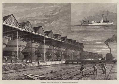 Gun-Boats redo att sjösättas vid Haslar, Portsmouth Harbour (gravyr) av English School