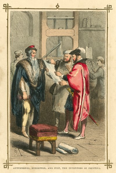 Gutenberg, Schoeffer och Fust, tryckeriets uppfinnare (lito i färg) av English School