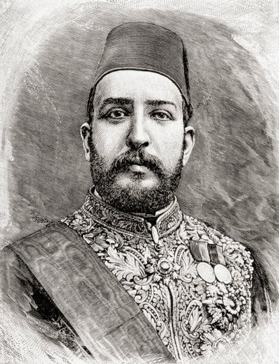 HH Muhammad Tewfik Pasha, Tawfik av Egypten, 1890 (trästick) av English School