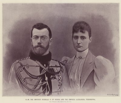 HEM kejsaren Nikolaj II av Ryssland och kejsarinnan Alexandra Feodorovna (färglitografi) av English School