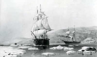 HMS Assistance och Pioneer bröt ut ur vinterkvarteren 1854 (litografi) av English School