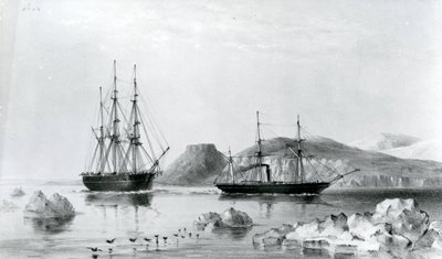 HMS Assistance i Tow of Pioneer som passerar John Harrow Mount, North Wellington Channel 1853 (litografi) av English School