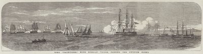 HMS "Dauntless", med ryska priser, passerar den svenska flottan (gravyr) av English School