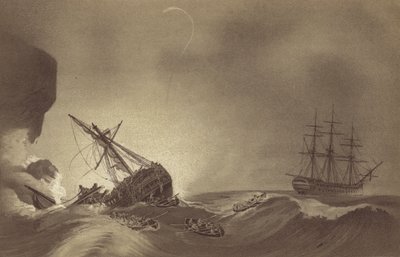 HMS Impetueux, under befäl av kapten Thomas Byam Martin, räddade besättningen på HMS Venerable, under befäl av kapten J Hunter, förliste i Torbay, Devon, 24 november 1804 (litho) av English School