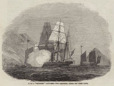 HMS "Reynard" fångar Two Piratical Junks utanför Hong Kong (gravyr) av English School