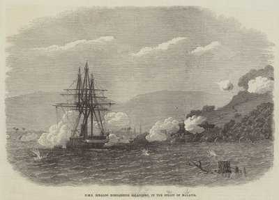 HMS Rinaldo bombarderar Salangore, i Malackasundet (gravyr) av English School