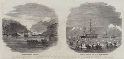 HMS "Termagant" konvojerar Gun-Boats "Grappler" och "Forward" genom Magellansundet (gravyr) av English School