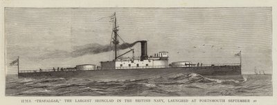 HMS "Trafalgar", den största järnklädda i den brittiska flottan, sjösatt i Portsmouth 20 september (gravyr) av English School