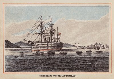 HM Indiskt trupptransportfartyg: Inskeppning av trupper i Bombay (kolorerad gravyr) av English School