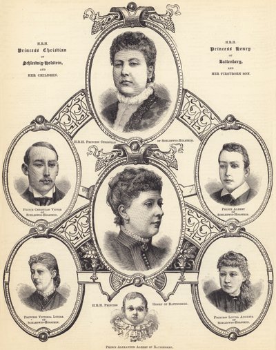 HKH Prinsessan Christian av Schleswig-Holstein och HKH Prinsessan Henrik av Battenberg och deras barn (gravyr) av English School