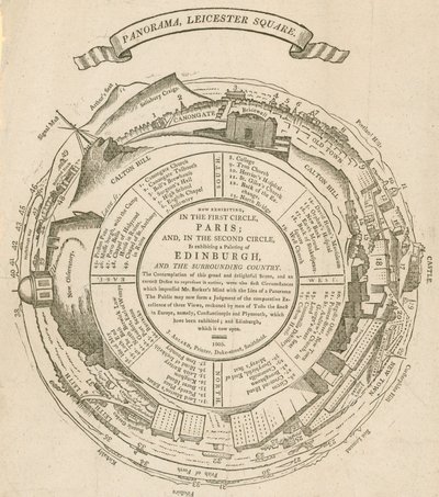 H En Barkers vy av Paris, Panorama, Leicester Square, London; även utsikt över Edinburgh av English School