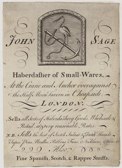 Sybehör, John Sage, handelskort av English School