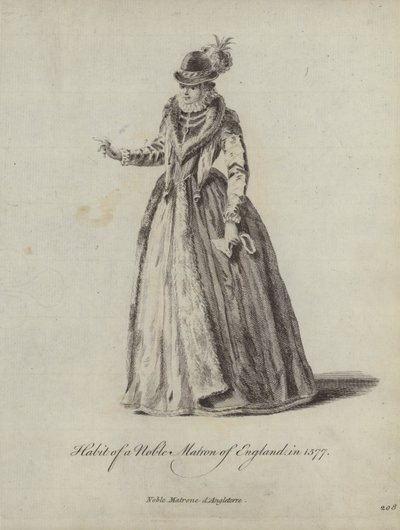 Klädsel för en adlig matrona i England 1577 (gravyr) av English School