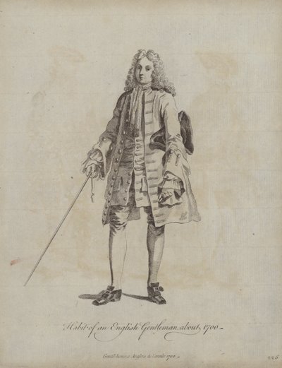 En engelsk gentlemans klädedräkt omkring 1700 (gravyr) av English School