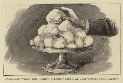 Hagel som föll under en ny storm i Queenstown, Sydafrika (gravyr) av English School