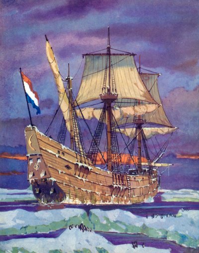 Halve Maen, eller Half Moon, Henry Hudson (färg litho) av English School