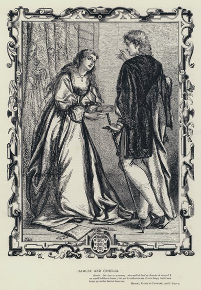 Hamlet och Ophelia, Hamlet, prins av Danmark, akt III, scen 1 (gravyr) av English School