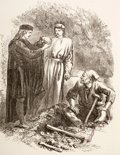 Hamlet anashikilia fuvu la kichwa cha Yorick, kielelezo cha Sheria ya V, Onyesho la Kwanza huko Hamlet, kutoka 