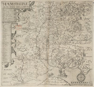 Hampshire, tidigare en del av belgarna. J. Norden beskrev W. Hole sculp., från Camdens "Britannia". 6:e upplagan. fol. 187 (gravyr) av English School