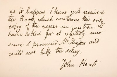 Handstil och signatur av John Keats av English School