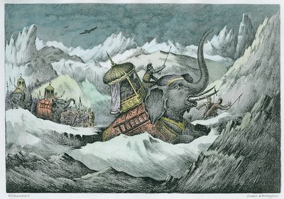 Hannibal (247-c.183 f.Kr.) och hans krigselefanter korsar Alperna (senare färgning) av English School