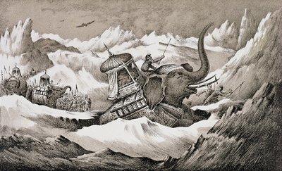 Hannibal (247-c.183 f.Kr.) och hans krigselefanter korsar Alperna av English School