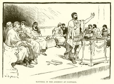 Hannibal in der Versammlung von Karthago von English School