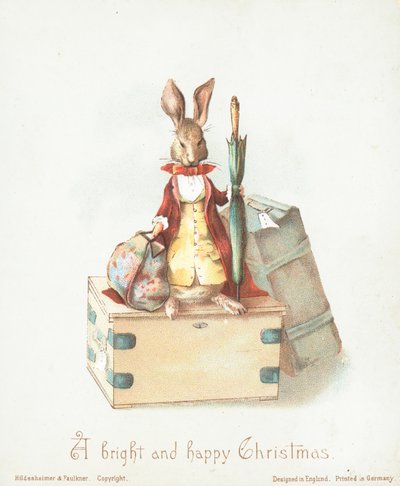 Hare med bagage och paraply, julkort av English School