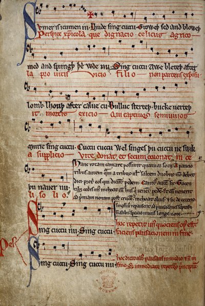 Harl 978 fol.11v Sumer är icumen in, från sommarkanonen (Reading Rota) (vellum) av English School