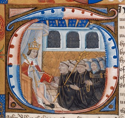 Harley 1498, f.59 Historikerad initial föreställande kung Henry VII som tar emot boken, illustration från 