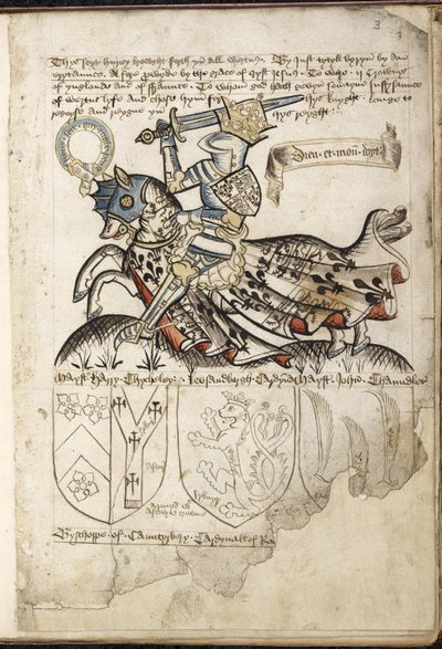 Harley 2169 f. 3 Henrik VI till häst, vapensköldar på Henrik VI:s tid (vellum) av English School