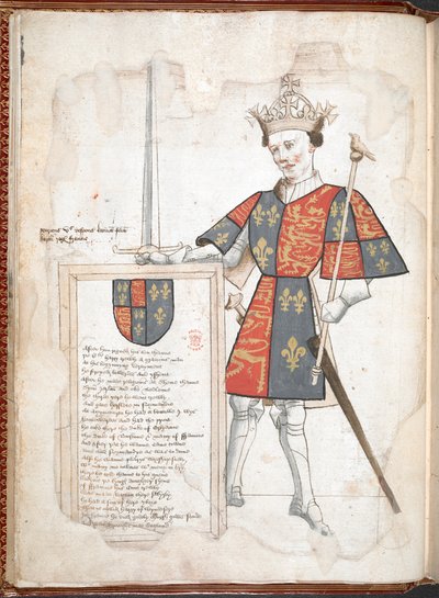 Harley 4205 f.7v En engelsk kung i rustning och tabard (Henry V) ur 