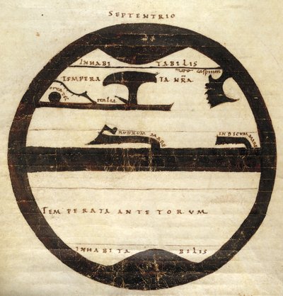 Harley MS 2772 f. 70v, Diagrammatic Zonal World Map, c.1050 (bläck & tempera på pergament) av English School