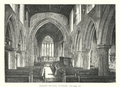 Harrow Church, interiör (gravyr) av English School
