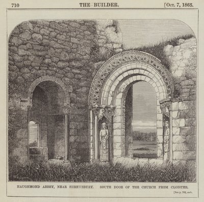 Haughmond Abbey, nära Shrewsbury, södra dörren till kyrkan från Cloister (gravyr) av English School
