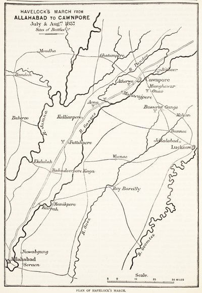 Havelocks mars från Allahabad till Cawnpore, juli och augusti 1857, från Cassells Illustrated History of England av English School