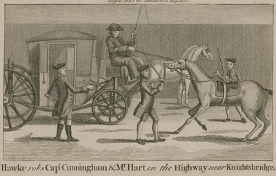 Hawke rånar kapten Cunningham och Mr Hart på motorvägen nära Knightsbridge av English School