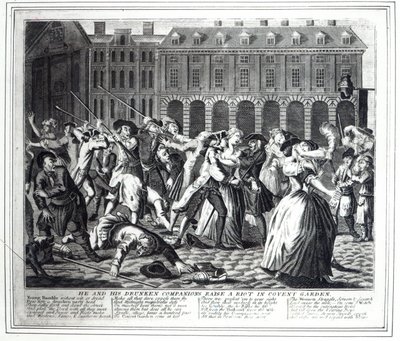 He and His Drunken Companions Raise a Riot in Covent Garden, från en piratkopierad serie baserad på Hogarths 
