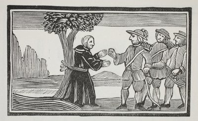 Han band abboten till ett träd, illustration från Chap-books of the Eighteenth Century av John Ashton, pub. 1882 av English School