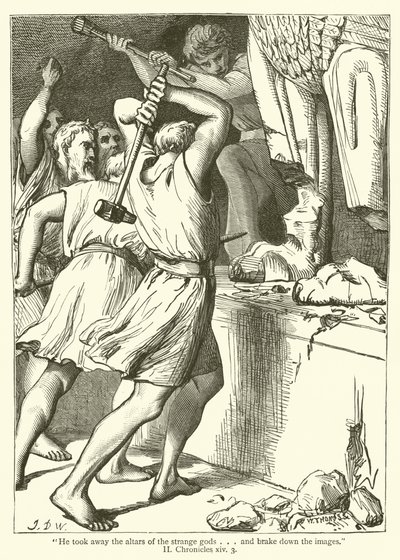 "Han tog bort de främmande gudarnas altare...och bröt ner bilderna", II, Krönika, xiv, 3 (gravyr) av English School